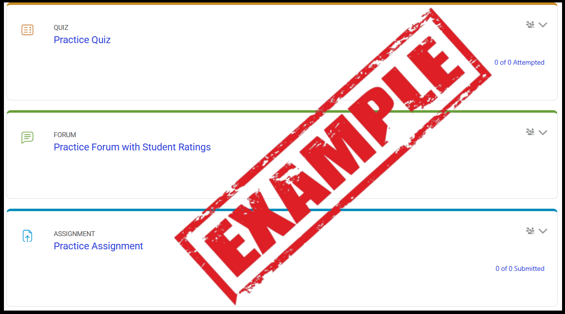 Three Moodle Activity Cards.