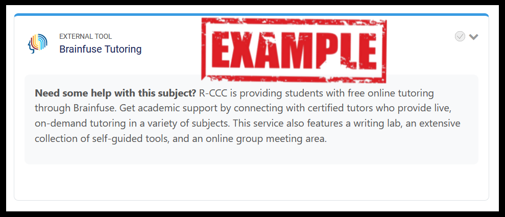The Brainfuse External Tool. The description area of the tool indicates that the tutoring is free, credible, and live online.